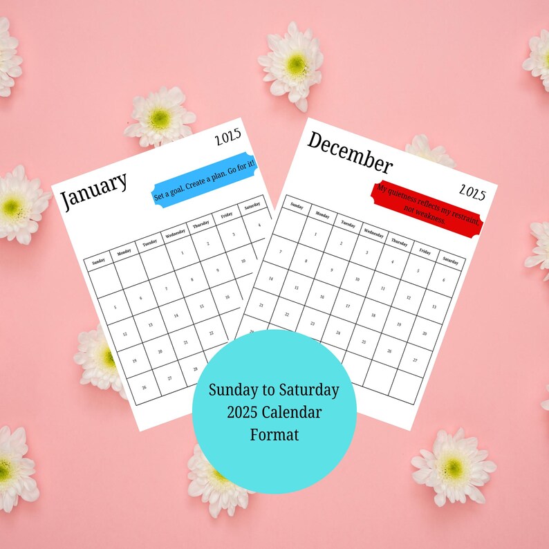 2025 Printable Motivational Calendar, Monthly Calendar 2025, Two ...