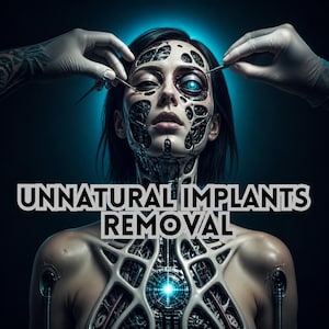 May include: Digital art depicting a cyborg with exposed mechanical components. The image features the text "UNNATURAL IMPLANTS REMOVAL". Hands in surgical gloves are using tools on the cyborg's face. The cyborg has a glowing blue eye.