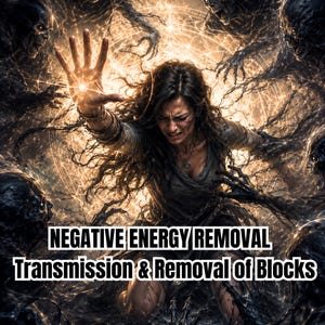 May include: A digital illustration featuring a person with long dark hair reaching out with a glowing hand, surrounded by dark shadowy figures. The text reads: NEGATIVE ENERGY REMOVAL Transmission & Removal of Blocks. The scene is filled with golden light.
