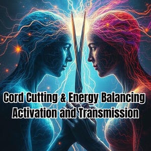 May include: Digital art depicting two figures facing each other, with energy flowing between them. The figures are in shades of blue and red, with lightning-like effects. Text at the bottom reads "Cord Cutting & Energy Balancing Activation and Transmission."