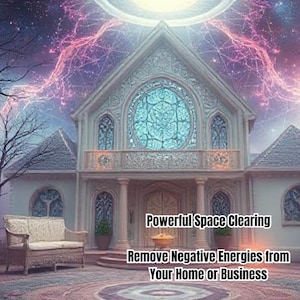 May include: An illustration of a grand building with a large stained-glass window, set against a cosmic backdrop. The image features the text "Powerful Space Clearing" and "Remove Negative Energies from Your Home or Business."