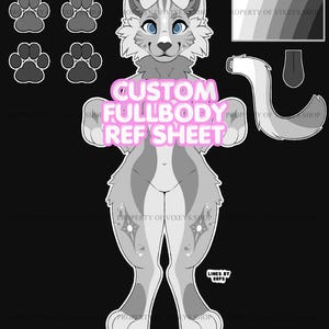 Op de afbeelding: Een digitaal referentieblad met een grijs en wit antropomorf wolfpersonage genaamd AMARA. Het blad bevat een volledig lichaam, details van voetzolen, een kleurenpalet, een staart en een tong. Tekst: CUSTOM FULLBODY REF SHEET.