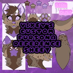 Könnte beinhalten: Eine digitale Illustration eines braunen und violetten Fursona-Charakters mit einer sternförmigen Nase und einem violetten Nasenring. Der Charakter wird in verschiedenen Posen gezeigt, darunter eine Ansicht von vorne, eine Seitenansicht und eine Ansicht von hinten. Die Illustration ist mit "Vixey's Custom Fursona Reference Sheet" beschriftet.