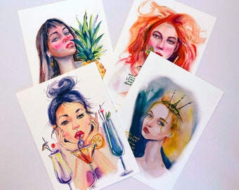 Four Cool, Funny and Fashion Girls Postcards Set 1 with funny girls (Blank Inside) print of original watercolor