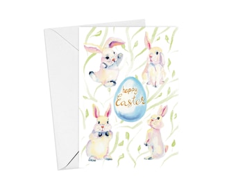 Tarjeta de felicitación de feliz Pascua (interior en blanco) Tarjeta de felicitación de conejito de acuarela