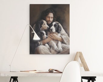 Christian Canvas Jesus with Dogs | Jesus Art | Bible Art | gift for Christian Dog Owners | Catholic dog lovers, Jesus Fine Art Matte Canvas