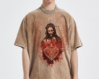 Sacred Heart of Jesus Weathered t-shirt, Christian streetwear, Catholic tshirt, Catholicism, Christianity Unisex Oversized Snow Wash T-Shirt