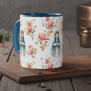 Virgin Mary in cute Kawaii style 11oz ceramic mug, Catholic mugs, Religious gifts, Blessed Mary Mother of God coffee cup Catholic girls gift