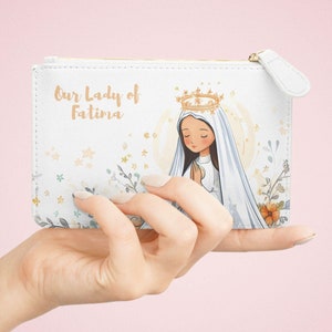 Catholic Zippered Pouch, Our Lady of Fatima Mini Clutch Bag, Marian Devotion gift, Rosary bag, Catholic mom gift, Catholic Gifts for Women