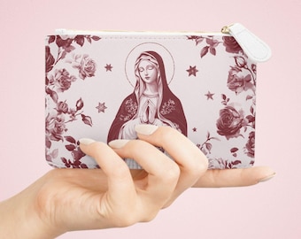 Virgin Mary Mini Clutch Bag, Catholic zippered pouch, Rosary bag, Marian Devotion gift, Clutch bag for wife Catholic mom gift, daughter gift