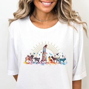 Jezus T-shirt, christelijk shirt voor dierenliefhebbers, cadeau voor christelijke ouders van huisdieren, katholiek uniseks softstyle-shirt, cadeau voor dierenartsen
