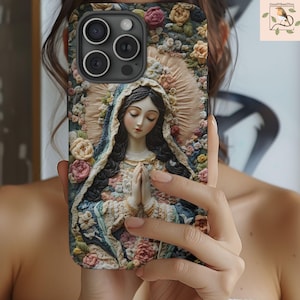 Katholische 3D Stickerei Handyhülle, Jungfrau Maria Faux Stickerei Hülle für iPhone, Galaxy, Geschenke für katholische Frauen, katholische Mutter Geschenkidee