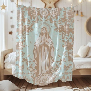 Catholic Blanket, Virgin Mary Velveteen Plush Blanket, Catholic mom gift, Catholic gift for baby Baptism, Marian art Catholic home decor