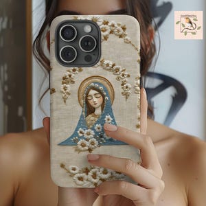 Katholische 3D Stickerei Handyhülle für iPhone, Galaxy, Jungfrau Maria bestickte Leinenstruktur robuste Abdeckung, Faux-Stickerei, katholisches Muttergeschenk