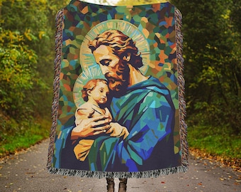 St Joseph And Baby Jesus Catholic Woven Blankets, Christian Home Decor, Couch Throw, Catholic Dad Gift, Church Retreat Blanket