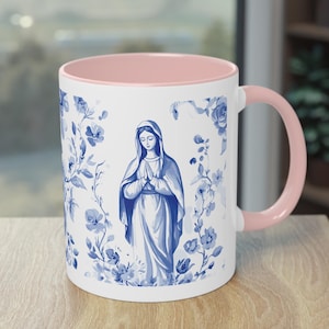 Virgin Mary 11oz ceramic mug, Catholic mugs, Blessed Mary Mother of God, blue chinoiserie coffee cup, gift for Catholic women, mom gift idea