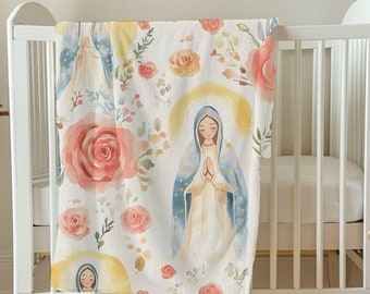 Cute Virgin Mary Baby Blanket, Catholic Kids Soft Fleece blanket, Baptism gift, Nursery decor, Religious baby gift, Mary Baby Shower gift