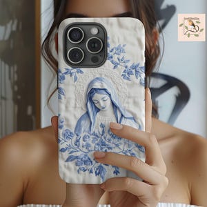 Katholische Faux Stickerei Handyhülle für iPhone, Galaxy, Jungfrau Maria Tough Cover, bestickter Look, Geschenke für katholische Frauen, katholische Mutter