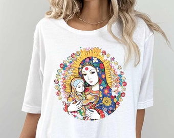 Colorful Holy Mary and Baby Jesus Unisex Softstyle T-Shirt, Our Lady Mary, oriental style drawing of Mary Mother of God, Gift for Christians