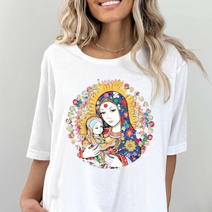 Colorful Holy Mary and Baby Jesus Unisex Softstyle T-Shirt, Our Lady Mary, oriental style drawing of Mary Mother of God, Gift for Christians