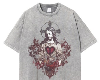 Sacred Heart of Jesus Weathered t-shirt, Catholic shirt, Catholicism, Christian Streetwear, Christianity Unisex Oversized Snow Wash Tshirt