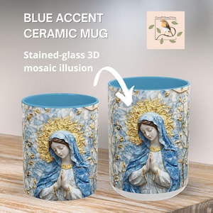 Holy Mary Blue Accent Ceramic Mug, Stained Glass Aesthetic Catholic Coffee Cup 11oz 15oz, Marian Art Mosaic Style Tea Mug for Catholic Mom