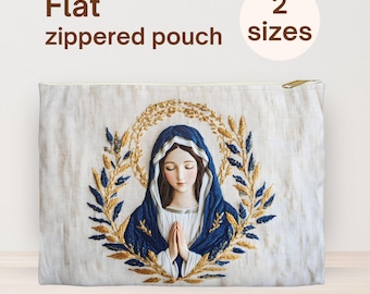 Holy Mary Flat Zippered Pouch, Catholic Mom Rosary Bag, 3D Effect Embroidery Religious Gifts for Women, Mass Essentials Bag Prayer Accessory