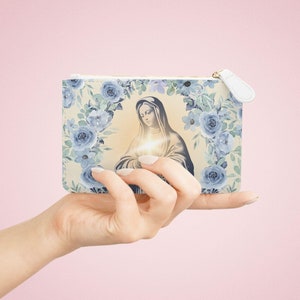 Jungfrau Maria Mini Clutch Bag, katholische Reißverschlusstasche, Guadalupe Reißverschlusstasche, erschwingliches Geschenk Rosenkranztasche Marian Devotion Geschenk für die Tochter