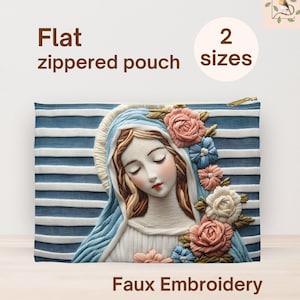 Pochette plate à fermeture éclair Holy Mary, Sac pour chapelet pour maman catholique, Broderie à effet 3D pour femme, Accessoire de prière pour sac Mass Essentials