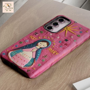 Süße katholische Faux Stickerei Handyhülle für iPhone, Galaxy, Holy Mary robuste Handyhülle für Sie, Stickerei Illusion, Geschenk für Tochter