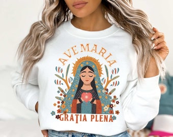 Virgin Mary Folk Art Sweatshirt, Our Lady Mary, Blessed Mary, Catholic gift for Christians, Christian Youth, Faith based Unisex Sweatshirt