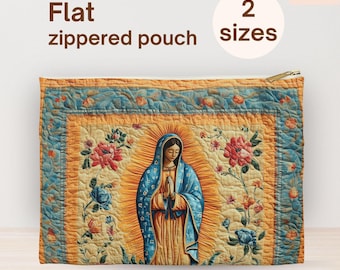 Catholic Pouch, Virgen de Guadalupe Faux Puffy Quilt Print, Flat Zippered Pouch, Blessed Mother Gift, Mass Essentials Bag, Catholic Gifts