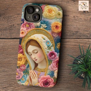 Katholische Faux Stickerei Handyhülle für iPhone, Galaxy, Jungfrau Maria robuste Handyhülle für katholische Frauen, Stickerei Illusion, Geschenk für Mutter
