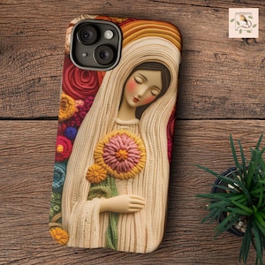 Katholische 3D Häkel-Effekt-Hülle, Jungfrau Maria Kunststickerei Hülle für iPhone, Galaxy, Geschenke für katholische Frauen, katholische Mutter Geschenk