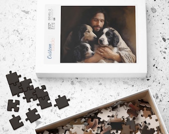 Jesus with Dogs Christian Puzzle  | Bible Art | Christian Dog Owners | Catholic dog lovers  | Jesus Jigsaw Puzzle (110, 252, 520, 1014 pcs)