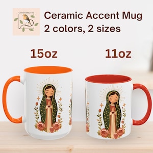 Uroczy kubek z akcentem Lady of Guadalupe 11 uncji, 15 uncji ceramiczny kubek do kawy, prezenty katolickie dla kobiet, duży kubek do herbaty Virgen de Guadalupe, katolicka mama