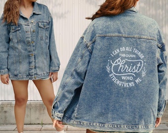 Bible Verse jean jacket, Christian Women's Oversized Denim Jacket, Jesus lover gift, Religious Gifts, Catholic youth motivational gift