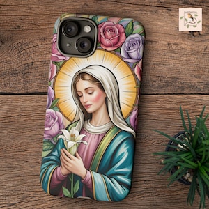 Glasmalerei Ästhetik Heilige Maria robuste Telefonabdeckung für iPhone, Galaxy katholische Telefonhülle, Kunstvolles trendiges Geschenk für katholische Frauen, Mutter Geschenk