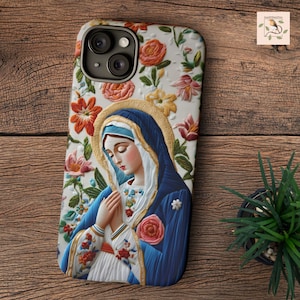 Katholische 3D Stickerei Handyhülle für iPhone, Galaxy, Jungfrau Maria robuste Handyhülle für katholische Frauen, Stickerei, Geschenk für Mutter