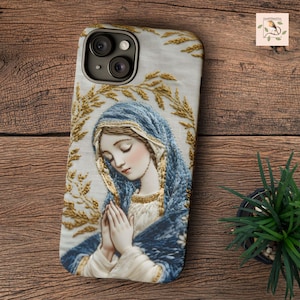 Katholische 3D-Stickerei-Effekt-Telefon-Abdeckung, Jungfrau Maria Faux-Stickerei-Hülle für iPhone, Galaxy, Geschenke für katholische Frauen, katholische Muttergeschenk