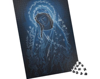 Virgin Mary puzzle 110, 252, 520 or 1014 pcs, Catholic gift, Mary Mother of God, Religious family gift, abstract line art, Catholic mom gift