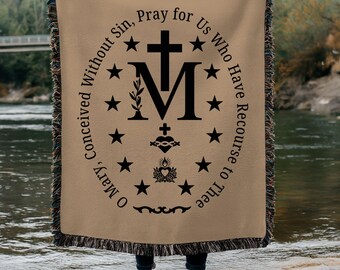 Miraculous Medal Woven Blanket, Catholic home decor, Marian Cross Couch throw, Religious Bed Spread, Catholic wall tapestry, Catholic Gifts