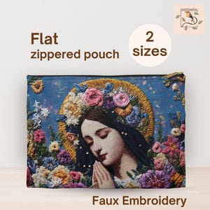 Jungfrau Maria Faux Stickerei Flache Reißverschlusstasche, katholische Geschenke für Frauen, Mass Essentials Rosenkranz Tasche für katholische Mutter, St. Mary Accessoire