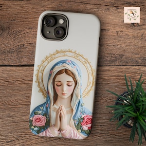 Katholische Handyhülle, Jungfrau Maria Faux Stickerei Tough Cover für iPhone, Galaxy, Geschenke für katholische Frauen, katholische Mutter Geschenk, religiöse Hülle