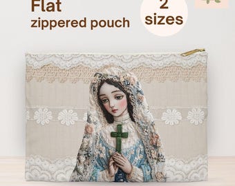 Virgin Mary Faux Embroidery Flat Zippered Pouch, Catholic Gifts for Women, Mass Essentials Rosary Bag for Catholic Mom, Holy Mary Accessory