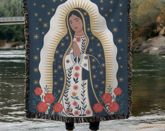 Our Lady of Guadalupe Woven Blanket, Catholic Blanket for Mom, Blessed Mary Wall Tapestry, Marian Devotion Gift, Gifts for Catholic Women