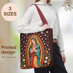 Virgen de Guadalupe Tote Bag, Faux Embroidery Shoulder Bag, Catholic Gifts for Women, Marian Devotion Gift for Mom, Religious Bag, St Mary