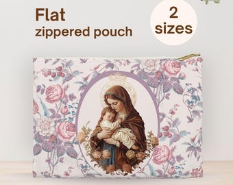 May include: Flat zippered pouch with a printed design. The pouch features a floral pattern with pink and purple roses. An oval image of a mother and child is centered on the pouch. The pouch has a gold zipper and the text "2 sizes".