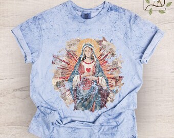 Camiseta unisex del Sagrado Corazón de Santa María, camiseta católica, camiseta gráfica con colores vibrantes, regalos de devoción mariana, regalo del Ave María