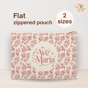 Katholische flache Reißverschlusstasche, Ave Maria Rosenkranz-Tasche im niedlichen Toile de Jouy-Stil, Geschenke für katholische Frauen, Jungfrau Maria Geschenk für katholische Mutter